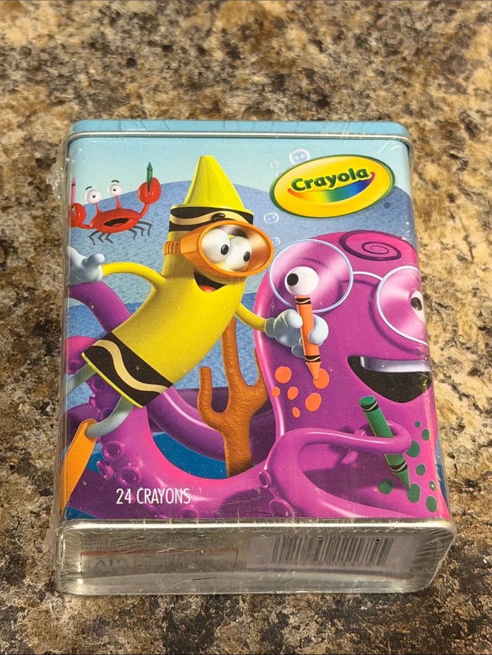 Crayola Tin with Yellow Crayon Character & Purple Octopus Artwork
